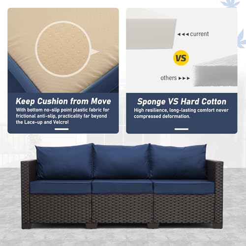 Patio Furniture 3-seat Sofa Brown Wicker Outdoor Furniture Outdoor Couch Deep Seat High Backrest Waterproof Cover Anti-Slip Washable Cushions, Navy Blue