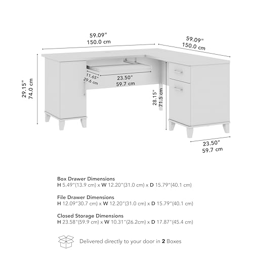 60-Inch L-Shaped Desk with Storage, Corner Computer Office Desk with Drawers and Storage Cabinet, Home Office Furniture, Somerset Collection, White