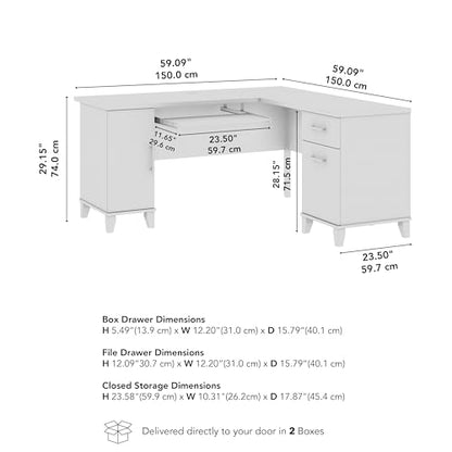 60-Inch L-Shaped Desk with Storage, Corner Computer Office Desk with Drawers and Storage Cabinet, Home Office Furniture, Somerset Collection, White