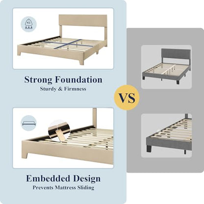 Queen Size Upholstered Bed Frame Adjustable Headboard, Beige, view 6