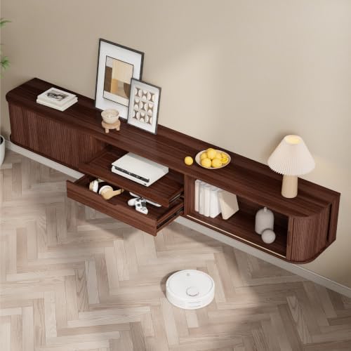 94.8" Floating Fluted TV Stand with Drawer & LED for TVs up to 100", Walnut, view 6
