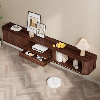 94.8" Floating Fluted TV Stand with Drawer & LED for TVs up to 100", Walnut, view 6
