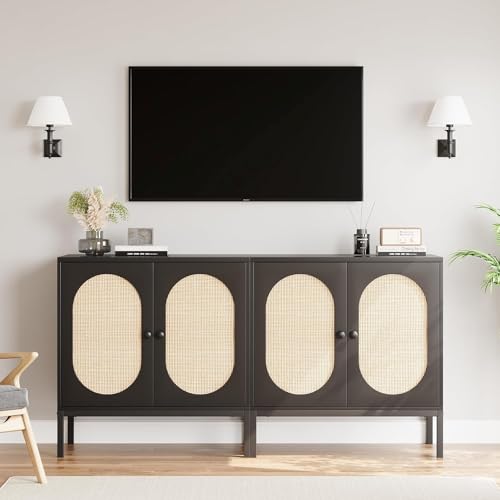 GAOMON Sideboard Buffet Cabinet, Rattan Storage Cabinet, Wood Accent Cabinet with Door and Shelf, Console Cabinet with Storage, Sideboard Cabinet for Hallway, Entryway, Living Room, Black