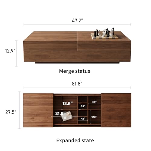Mid-Century Modern Farmhouse 47.2-81.8" Expandable Coffee Table，Adjustable Center Table with Large Storage for Living Room, Walnut