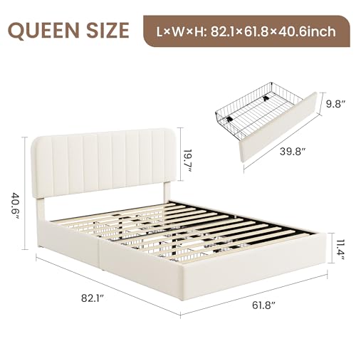 Queen Size Bed Frame, Velvet Upholstered Storage Bed with 4 Drawers, Adjustable Headboard, Modern Bedroom Furniture, Beige