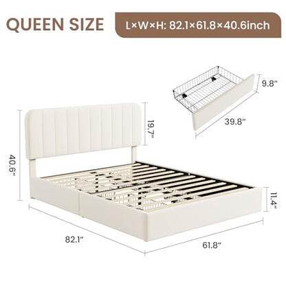 Queen Size Bed Frame, Velvet Upholstered Storage Bed with 4 Drawers, Adjustable Headboard, Modern Bedroom Furniture, Beige