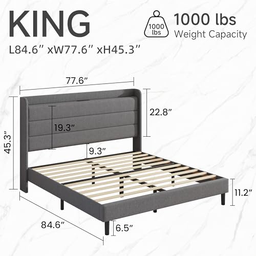 King Linen Multifunctional Bed with Charging Station & Storage Headboard, view 3