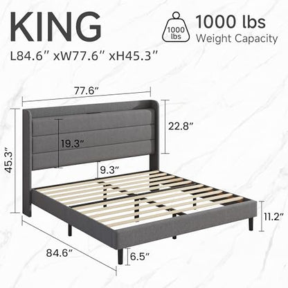 King Linen Multifunctional Bed with Charging Station & Storage Headboard, view 3
