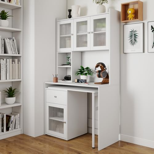 L Shaped Home Office Desks with 90° Rotating Retractable Desktop, Glass Door, view 5