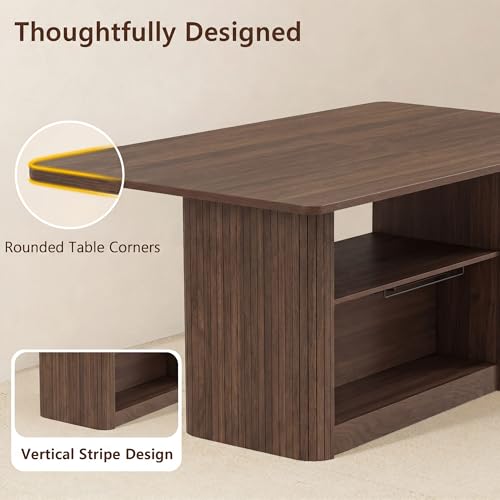 63" Dining Table with Storage, Fluted Rectangular Kitchen Table for 6 with 2-Tier Storage Shelf, Farmhouse Wood Table (Walnut)