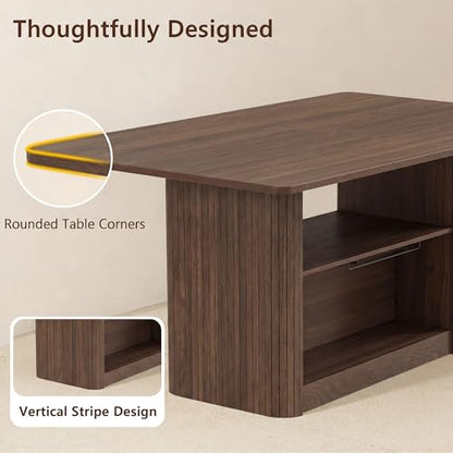 63" Dining Table with Storage, Fluted Rectangular Kitchen Table for 6 with 2-Tier Storage Shelf, Farmhouse Wood Table (Walnut)