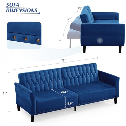 77” Velvet Sofa Bed with Adjustable Armrests and Backrests, Blue | Tufted Convertible Futon Couch with Nailhead Trim, Loveseat Modern Velvet Sleeper Sofa for Living Room,Bedroom,Office