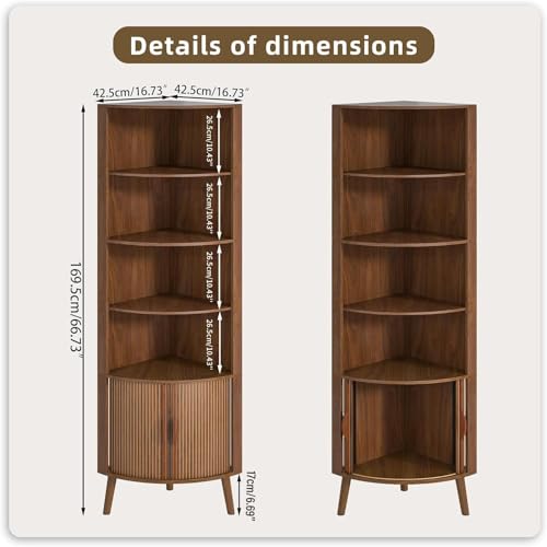 66'' Tall Corner Bookshelf with 2 Fluted Sliding Doors,Walnut, view 3