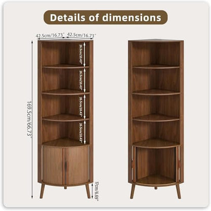 66'' Tall Corner Bookshelf with 2 Fluted Sliding Doors,Walnut, view 3