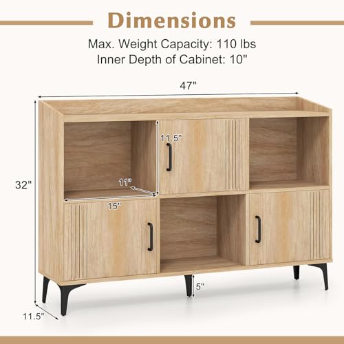 Storage Cabinet, Sideboard with 3 Doors, 3 Open Compartments, Bookcase with 5 Raised Metal Legs, Buffet Table, Bookshelf, Floor Cabinet for Living Room Display, Dining Room, Entryway, Oak