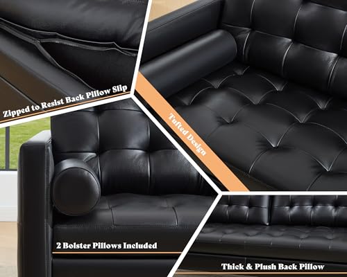 Leather Sofa, Mid Century Modern Genuine Leather Sofa, 3 Seater Comfy Couch for Living Room Home Office, Black Leather Couch