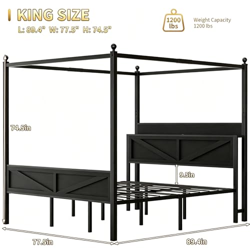 Metal Canopy Bed Frame King Size with Storage Headboard, view 3
