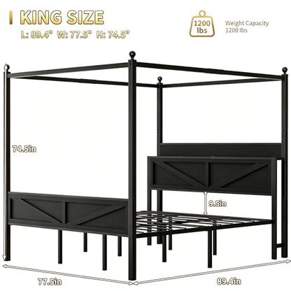 Metal Canopy Bed Frame King Size with Storage Headboard, view 3
