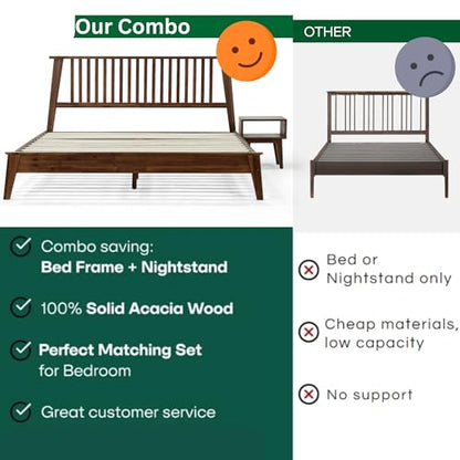 Acacia Kaylin King Solid Wood Platform Bed Frame – Gift Matching Nightstand Included, Mid Century Modern, Walnut Finish, 800 lbs Capacity, No Box Spring, Storage, Easy Assembly
