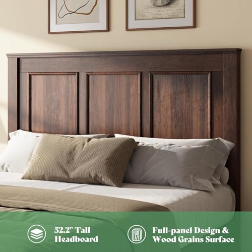 52.2" Queen Size Farmhouse Bed Frame with Headboard, Rustic Brown, view 5