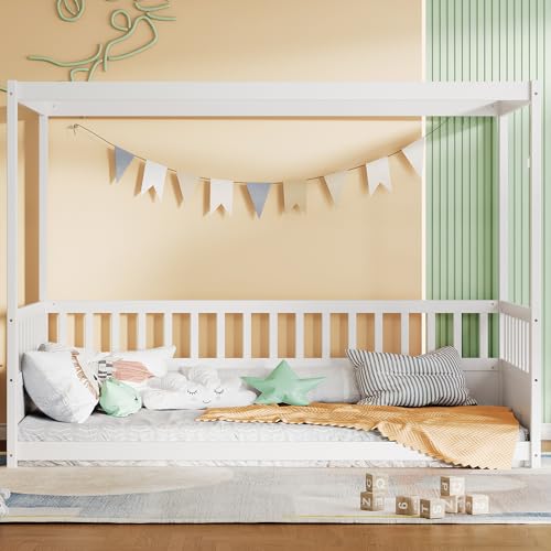 Twin Size Canopy Bed Frame with 4 Posters and Guardrails, view 3