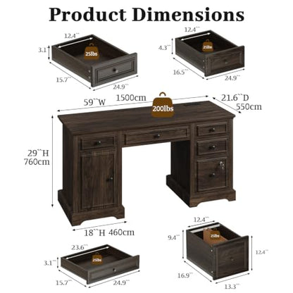 59" Farmhouse Executive Desk with Drawers, Wood Home Office Computer Desk, view 3