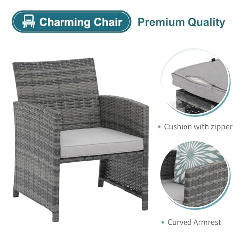 5 Piece Patio Furniture Set, Wicker Outdoor Conversation Chair and Ottoman Set with Coffee Table, Pillows Included, for Balcony, Porch, Deck, Light Grey