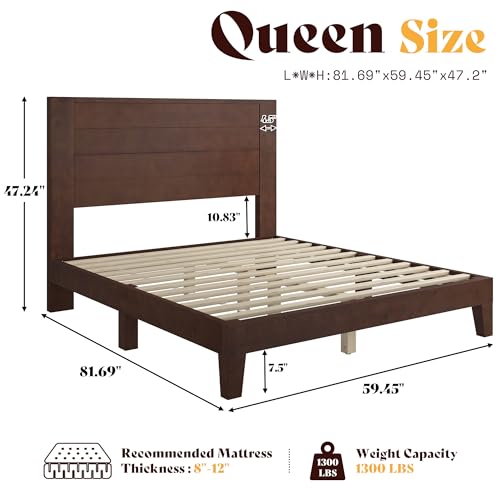Queen Size Solid Wood Bed Frame with 48" Headboard Design, Walnut, view 3