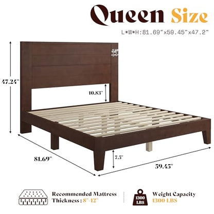 Queen Size Solid Wood Bed Frame with 48" Headboard Design, Walnut, view 3
