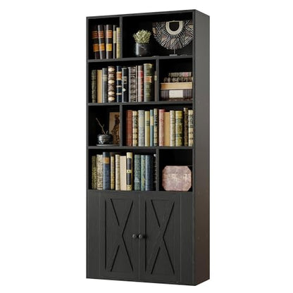 Book Shelf, Tall Bookshelf with Storage, Bookshelves and Bookcases with Doors, 4-Tier Bookcase with 8 Open Cubes for Living Room, Office, Study, Black