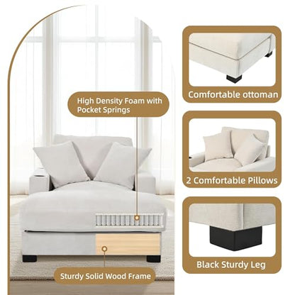 60" Oversized Chaise Lounge Chair Indoor with Adjustable Backrest & Charging, view 6