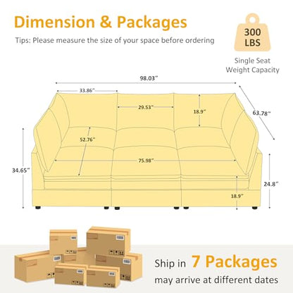 98" Cloud Modular Sectional Sofa Couches for Living Room, Oversized Modern Sleeper Sofa with Deep Seat Double-Layer Thick Cushion Ottoman, Convertible Upholstered Sofa Set, Ivory White