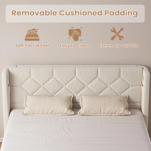 Queen Bed Frame with USB Ports & Storage Pockets, Cream Boucle, view 5