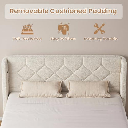 Queen Bed Frame with USB Ports & Storage Pockets, Cream Boucle, view 5