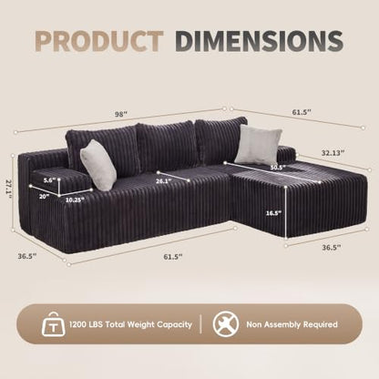 Boneless Couch L-Shape Cloud Couch Sofa for Living Room Furniture | 98" Right Facing Chaise Darkgrey,Memory Foam,Removable Cover,No Assemble,Chaise Lounge Indoor,Furniture for Apartment