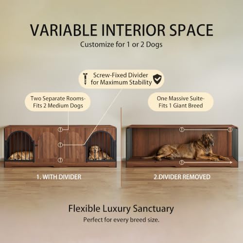 87" Large Dog Crate Furniture TV Stand, Double Kennel Divider (Walnut), view 6