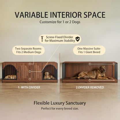 87" Large Dog Crate Furniture TV Stand, Double Kennel Divider (Walnut), view 6