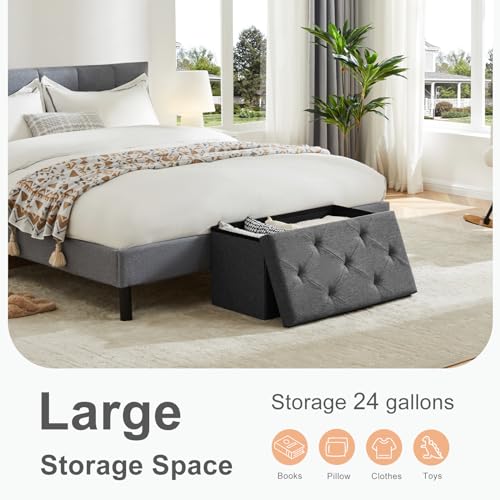 30 Inch Folding Storage Ottoman Bench, Large Hidden Storage Chest with Padded Seat, Foot Rest Stool Supports Up to 660Lbs, End of Bed Bench for Bedroom, Living Room, Linen Fabric, Grey