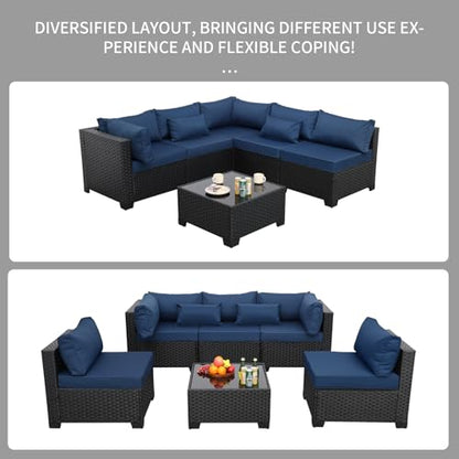 Patio Sectional 6 Pieces All-Weather Wicker Patio Furniture Set Outdoor Sectional with Glass Table Non-Slip Cushions and Waterproof Cover, Navy Blue