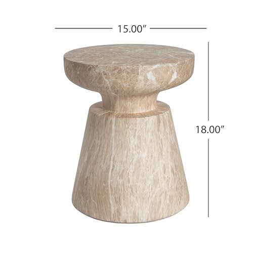Jayme 15"Lightweight Concrete End Table, Indoor Outdoor Accent Side Table, Travertine Round Tabletop, Easy Move, Decorative Garden Stool for Poolside Balcony Living Room, Gold