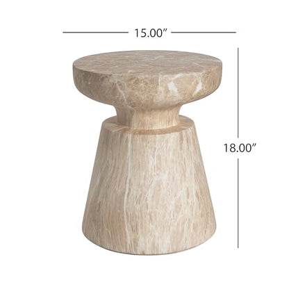 Jayme 15"Lightweight Concrete End Table, Indoor Outdoor Accent Side Table, Travertine Round Tabletop, Easy Move, Decorative Garden Stool for Poolside Balcony Living Room, Gold