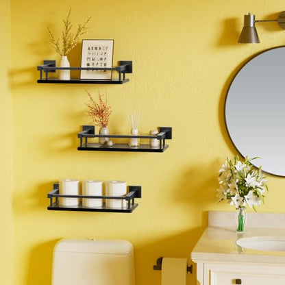 Glass Shelves for Bathroom Wall, Tempered Glass Bathroom Shelf Wall Mounted, Modern Space Saving Floating Shelves 12 inch, Matte Black
