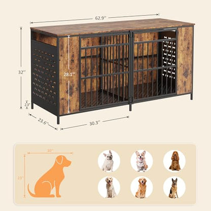 Dog Kennel Furniture for 2 Dogs – 63" Large Cage Extra Sturdy XXL Metal &, view 3