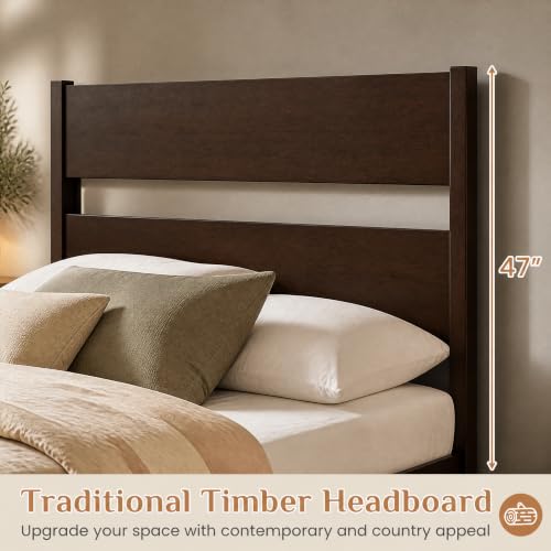 Queen Size Rubber Wood Bed Frame with Tall Headboard, Dark Brown, view 6