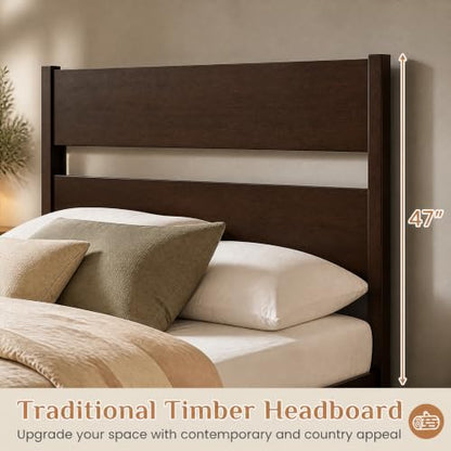 Queen Size Rubber Wood Bed Frame with Tall Headboard, Dark Brown, view 6