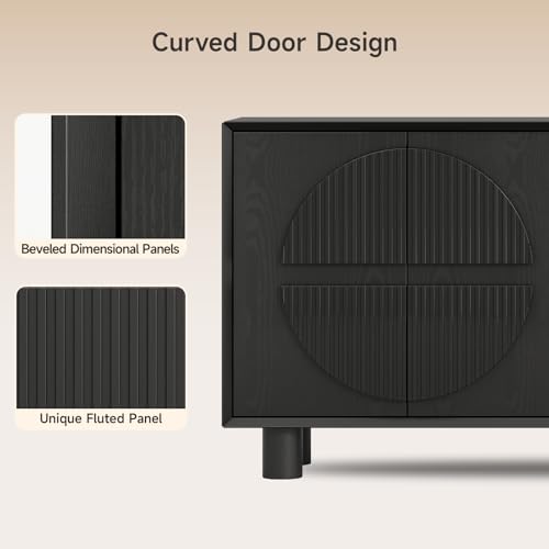 63 Inch Fluted Buffet Cabinet w/ Storage, Push-Spring Doors, Black, view 7