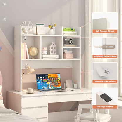 Desk Hutch with 6 Shelves, Desktop Organizer Shelf for Office Dorm, White, view 4