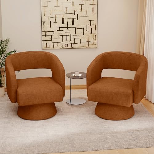 Swivel Accent Chair Set of 2, Modern Comfy Chenille Barrel Chairs, Oversized Upholstered Round Arm Chair for Living Room, Bedroom, Reading Room, Caramel