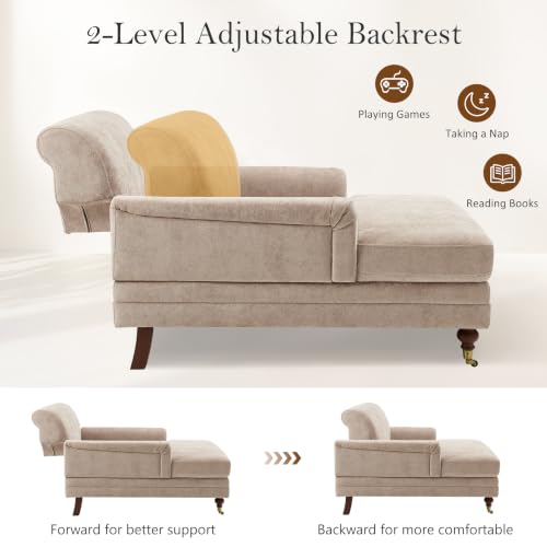 59.45'' Chaise Lounge Chair with Adjustable Backrest, Chenille Camel, view 4