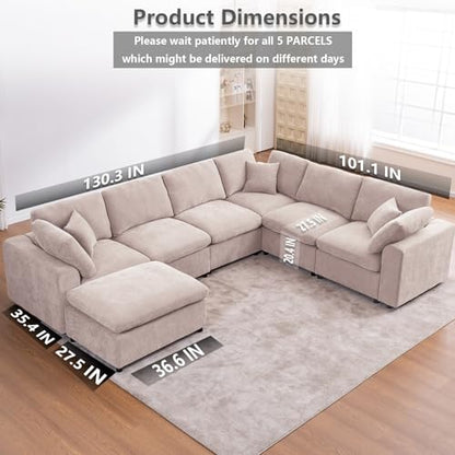 Oversized Modular Sectional Sofa Couch, Large 7 Seater Corner Sofa Modern U Shaped Sectional Couch with Ottoman Cloud Couches for Living Room, Office, Spacious Space, Beige - Chenille